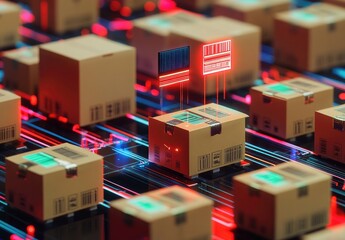 A grid of cardboard boxes with digital bar codes and glowing lines, representing a delivery network.