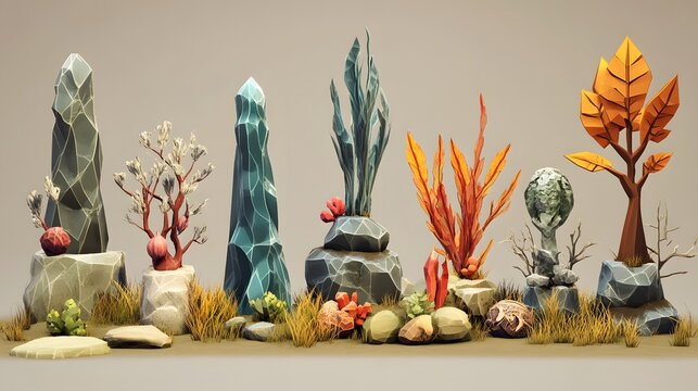 A series of low poly models representing different levels of detail (LOD), from a highly detailed version to a simplified version, illustrating the impact of polygon count on visual quality