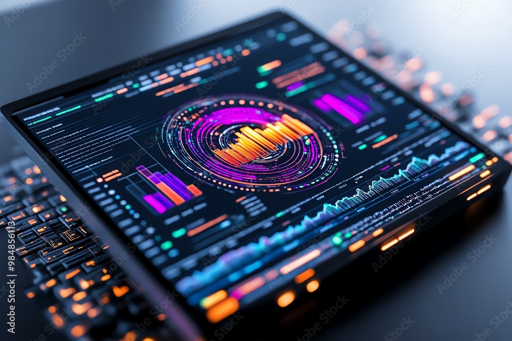 Poster futuristic business insights dashboard, with glowing charts, data streams, and real-time analytics
