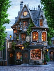 the two story magic shop is over by a town square