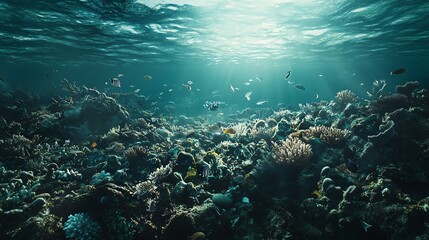Lush underwater coral reef teeming with vibrant marine life, illuminated by sun rays penetrating the clear blue water.