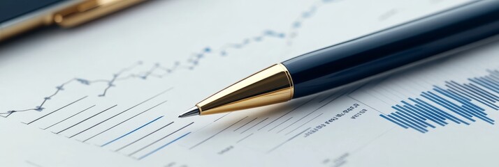 A pen rests on a financial document showcasing graphs and data, symbolizing analysis, planning, strategy, growth, and investment.