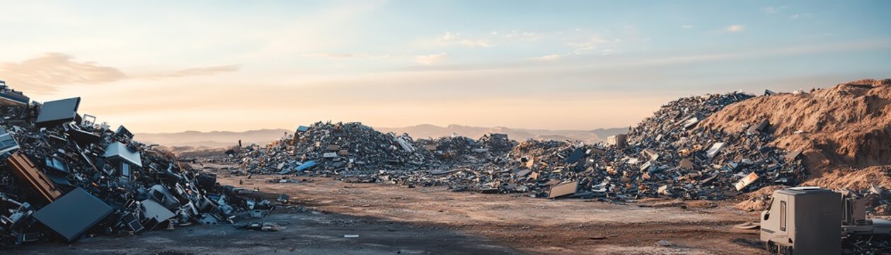 A panoramic view of a vast scrapyard filled with piles of metal and industrial waste under a partly cloudy sky during sunset.