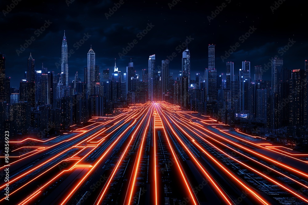 Poster futuristic cityscape with glowing lines, symbolizing the future of business development in a dynamic