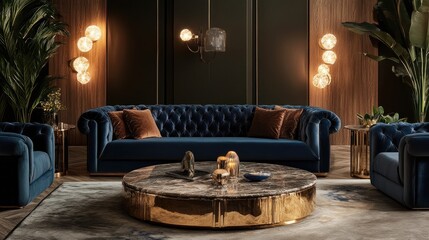 A luxurious living room featuring a velvet sofa, a marble coffee table, and golden accents in the lighting fixtures and decor, giving the space an elegant, high-end feel.