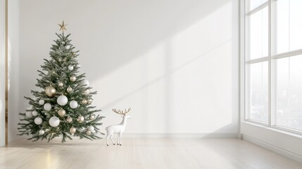 Minimalist Christmas interior with elegant decorations featuring a beautifully adorned tree and sleek white reindeer figurine in a sunlit room