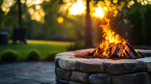 A rustic stone fire pit with a warm sunset glow in the background, symbolizing warmth, relaxation, nature, gathering, and togetherness.