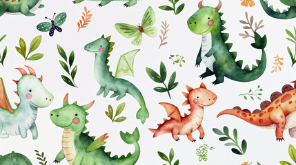 A collection of whimsical dinosaur illustrations surrounded by green leaves, featuring different species in vibrant colors, ideal for children artwork or accessories - Generative AI