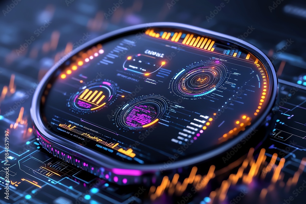Poster Futuristic dashboard interface, showing business growth metrics and accelerator performance with glowing graphs