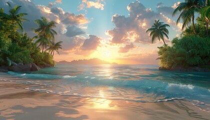 Tropical beach sunset with palm trees and calm ocean

