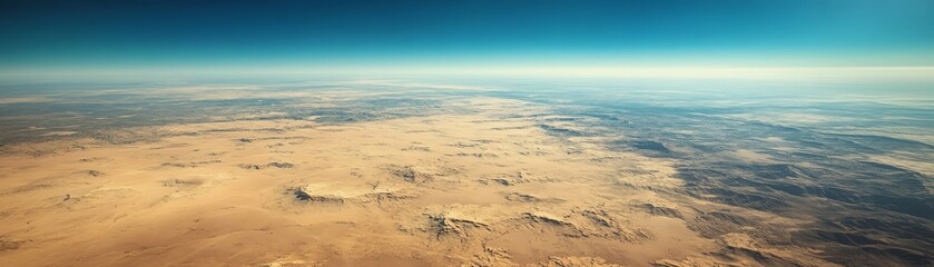 Aerial view of vast desert landscape under a clear blue sky, highlighting the expansive and serene nature of the environment.