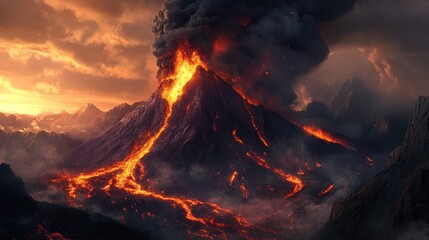 A massive volcano erupting at dusk, with thick black smoke billowing into the sky and streams of molten lava flowing down the mountainside, illuminating the dark landscape