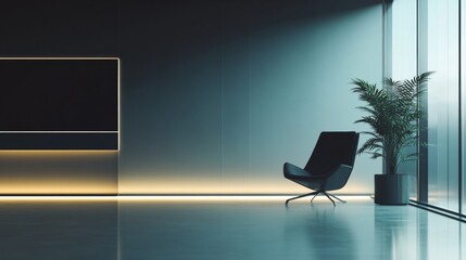 Fototapeta premium A black chair sits in front of a large window