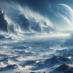 A surreal icy landscape on an alien planet, featuring jagged mountain peaks and a distant, glowing moon. The scene combines otherworldly beauty with a sense of vast, frozen isolation under a dark