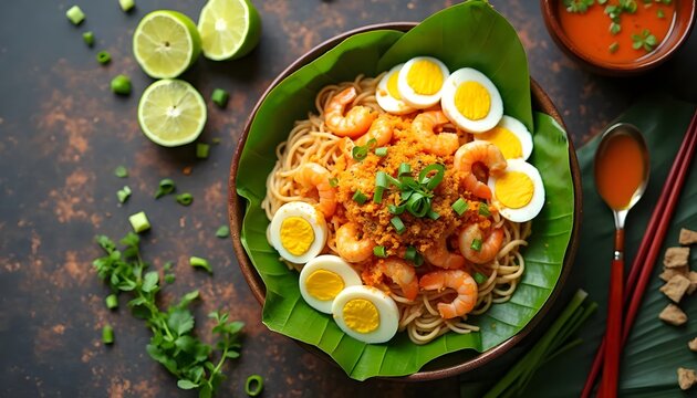 Pancit Palabok - Filipino Rice Noodles with Shrimp, Eggs, and Savory Sauce (Filipino Cuisine)