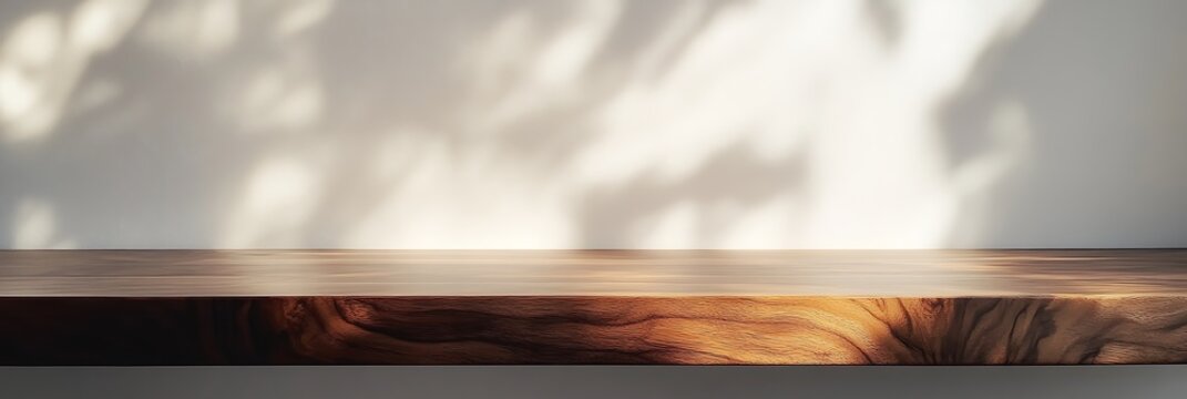 Wooden table top with sunlight and leaf shadows