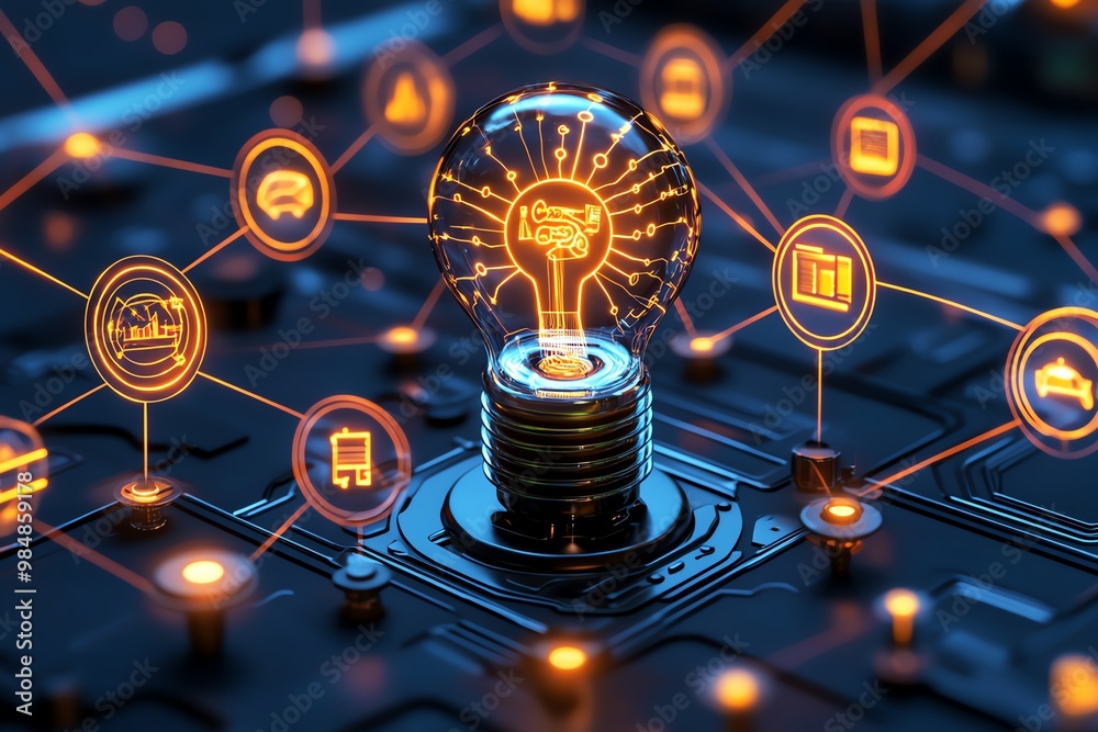 Poster Futuristic network of ideas, with glowing lines connecting key business development concepts