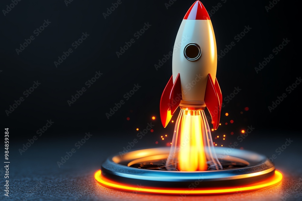 Poster Futuristic rocket with glowing trails, symbolizing fast scaling and success for startups in an accelerator program