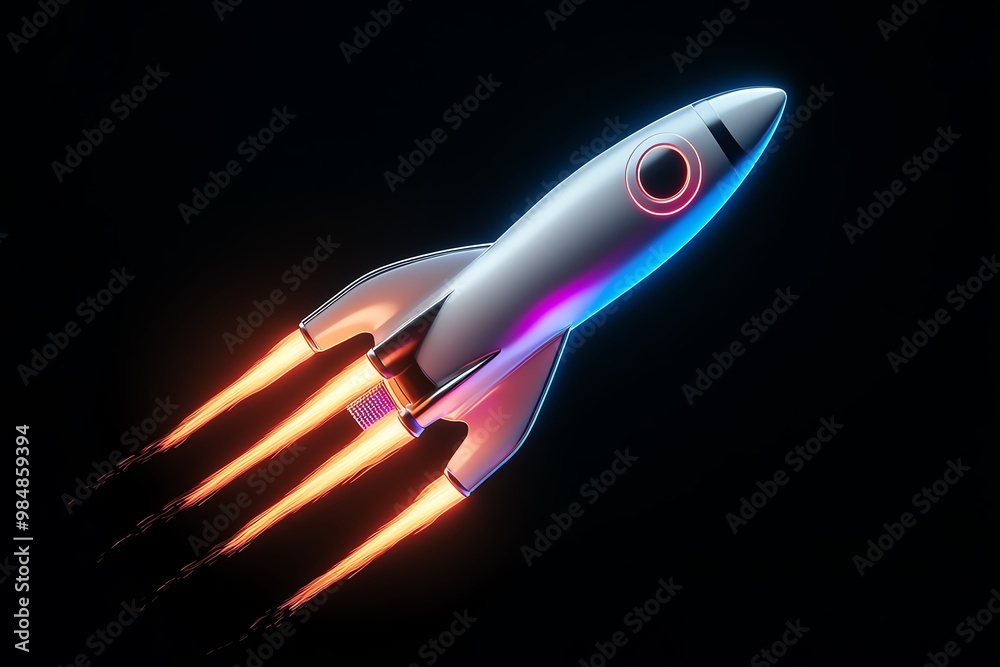 Poster Futuristic rocket with glowing trails, symbolizing fast scaling and success for startups in an accelerator program