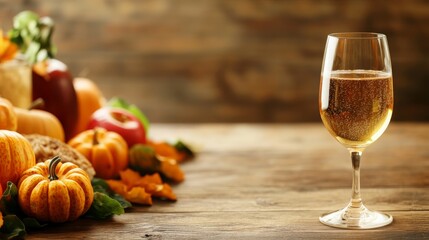 A cozy autumn setting featuring a glass of sparkling beverage beside a vibrant array of pumpkins and autumn leaves on a rustic wooden table