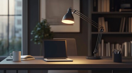 A modern desk lamp with a sleek, adjustable arm casting a warm glow over a tidy workspace, with a laptop, notebooks, and a coffee mug on the desk.