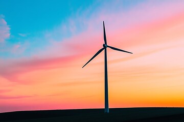 Obraz premium A wind turbine stands tall against a vibrant sunset, symbolizing renewable energy and sustainability in a picturesque landscape.