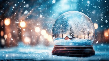 A snow globe with an icy blue winter scene