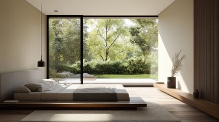 Fototapeta premium A modern, minimalist bedroom with a platform bed, sparse decor, and a large sliding glass door leading to a private outdoor space, emphasizing tranquility