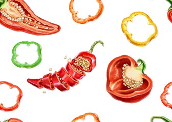 Cut hot and bell peppers into rings and slices. Seamless pattern for printing on fabric and paper for restaurants and kitchens. Juicy pieces of hot and sweet fresh pepper. Inside view with seeds. 