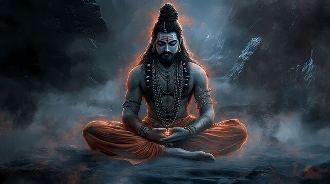 Realistic illustration of hindu god mahadev meditation, har har mahadev, shivratri, shiv, shankar. Hindu Deities. Illustration