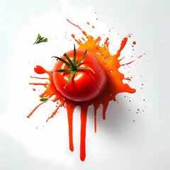 Splattered Tomato with Juice and Seeds Spread on White Wall, Juice Dripping