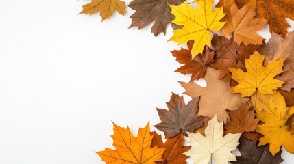 Colorful autumn leaves are arranged on a clean white background, with a decorative circular paper element displaying a 15% discount, creating an elegant seasonal composition