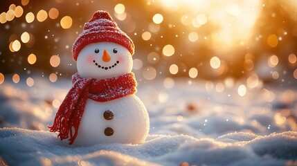 Fototapeta premium A cheerful snowman stands in soft snow, surrounded by sparkling bokeh lights, capturing the magic of winter joy.