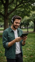 Person holding a tablet sideways in a green park, listening to music with headphones.