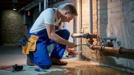 Plumber Fixing a Leaking Pipe in a Dim Basement