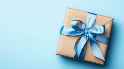 Beautiful brown paper gift box with blue satin curly ribbon bow and blank card on pastel blue background Flat lay Mother day father day valentines day birthday concepts with copy space