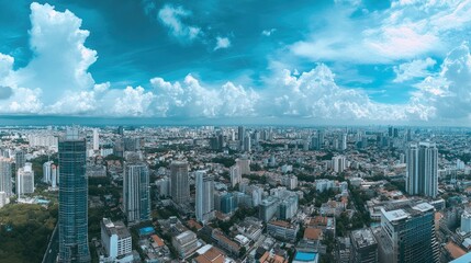 Obraz premium A panoramic view from the top of a skyscraper, looking out over the sprawling cityscape with a mix of old and new architecture stretching into the horizon.
