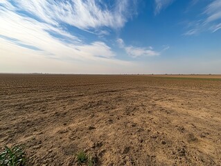 Vast barren land under a blue sky with scattered clouds, showing an uncultivated and empty field with natural landscape.