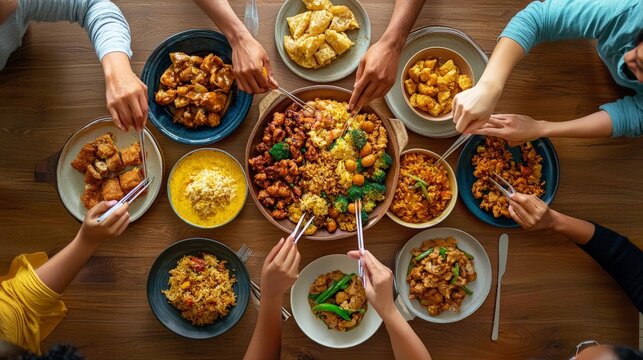 A family dinner with members from different cultural backgrounds sharing traditional dishes, representing the richness of multicultural family life
