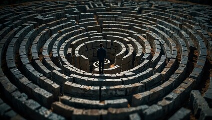 Person standing at the entrance to an endless labyrinth, symbolizing being lost amid sharp edges.