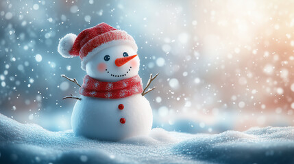Cheerful snowman wearing a red scarf and hat in a snowy winter landscape with soft bokeh lights