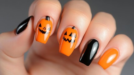 Spooky Pumpkin Manicure for Halloween, featuring orange and black nails with pumpkin designs. Perfect for celebrating Halloween with a fun and festive look.