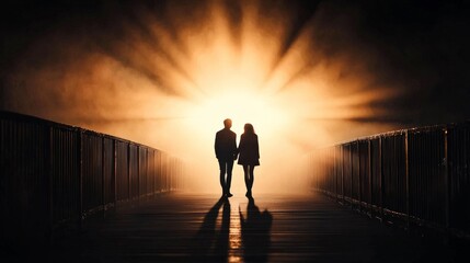 Fototapeta premium A couple standing on a bridge, with one side bathed in sunlight representing positive thinking and the other shrouded in fog symbolizing negative thinking