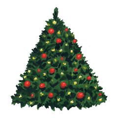 Christmas green tree with ornaments - red balls and yellow garland. Watercolor painting on white background, isolated. Illustration for design, decor
