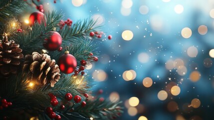 Christmas decoration on bokeh background. New Year concept. Copy space. AI generated