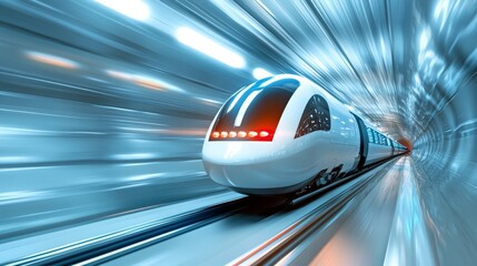 Fototapeta premium A futuristic hyperloop train traveling at high speed through a tunnel, symbolizing innovation, speed, efficiency, transportation, and the future of travel.