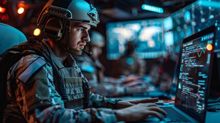 Military in tactical gear using laptop in hightech center for data, intelligence, cyber ops, digital warfare