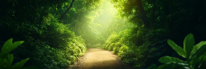 Fototapeta premium Pathway to Light in the Jungle, a winding path through lush green foliage with a sunlit opening at the end, symbolizes hope, nature, exploration, adventure, and new beginnings.