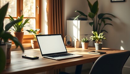 Stylish Home Office with Sleek Laptop, Wooden Desk, and Natural Light