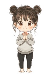 Cute chibi anime girl with brown hair in two buns, wearing a gray sweater and black leggings, with a big smile